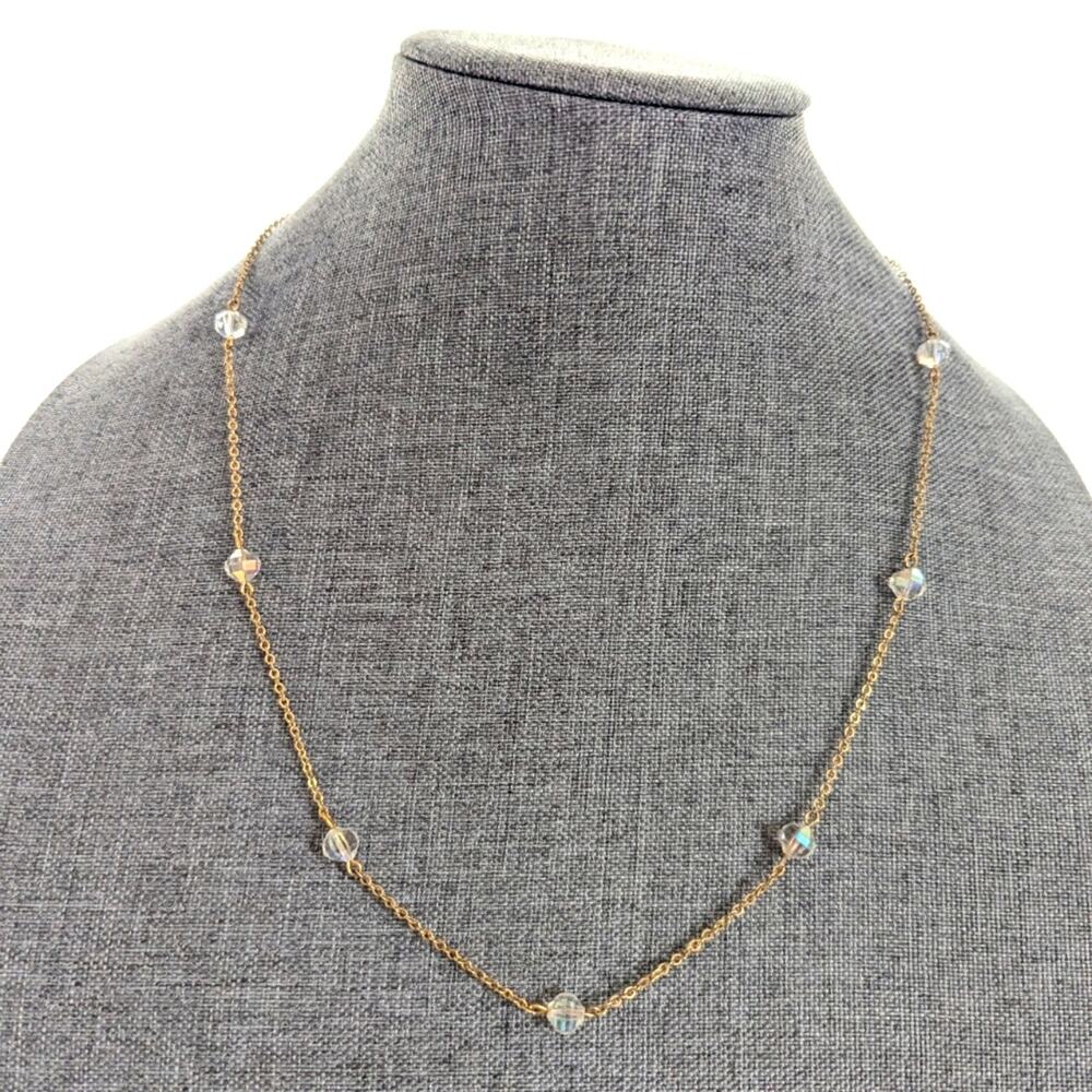 Vintage Estate Dainty Delicate Gold Tone Classic Chain AB Glass Beaded Necklace